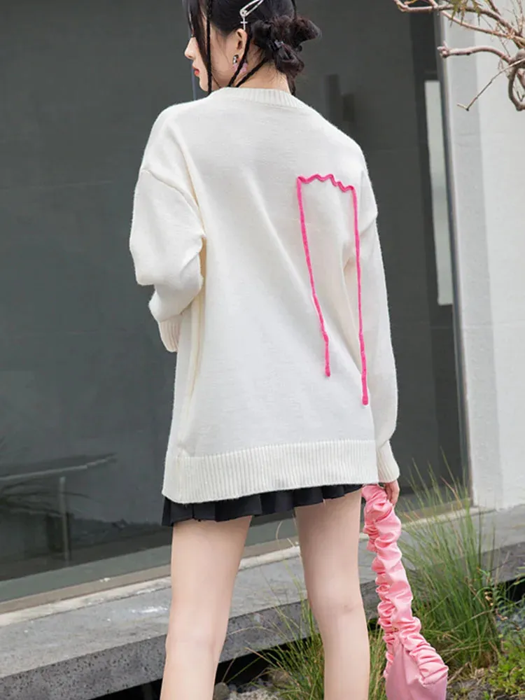 Harajuku Love Pattern Knitted Pullover Sweater Women Rose Embroidery Hotsweet Loose Oversized Jumper Cute Tops  C-189