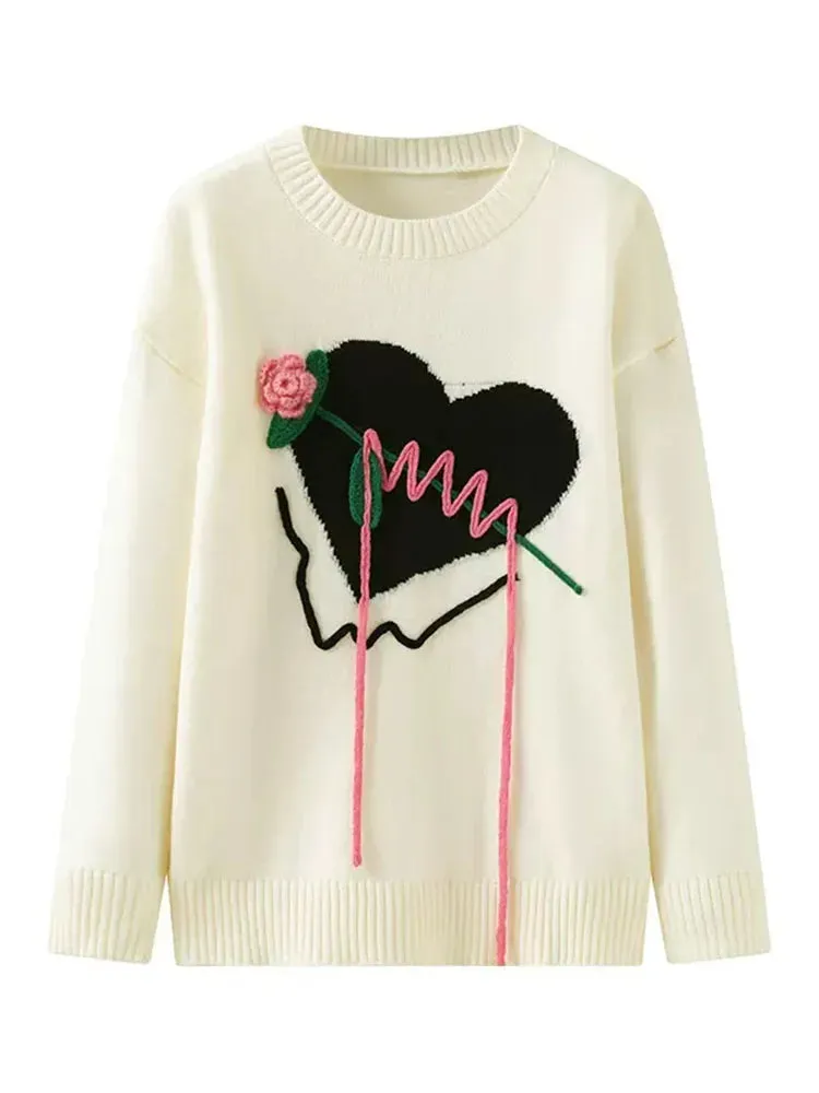 Harajuku Love Pattern Knitted Pullover Sweater Women Rose Embroidery Hotsweet Loose Oversized Jumper Cute Tops  C-189