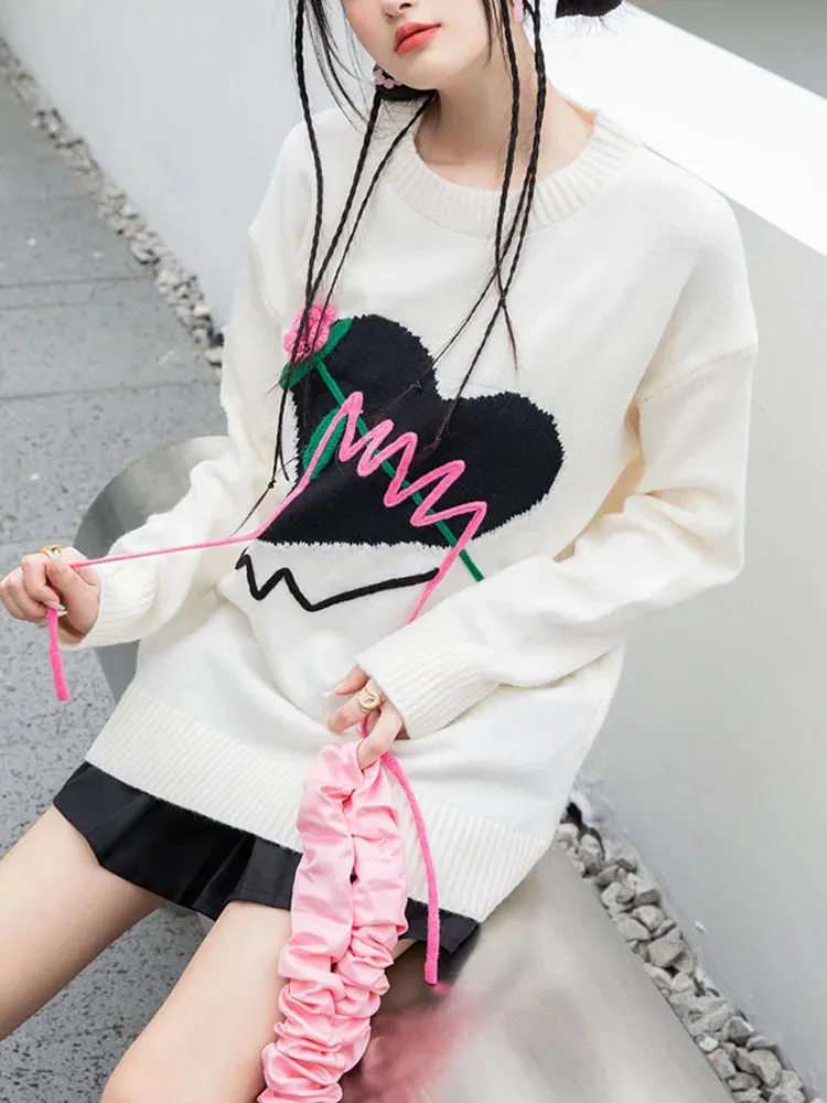 Harajuku Love Pattern Knitted Pullover Sweater Women Rose Embroidery Hotsweet Loose Oversized Jumper Cute Tops  C-189