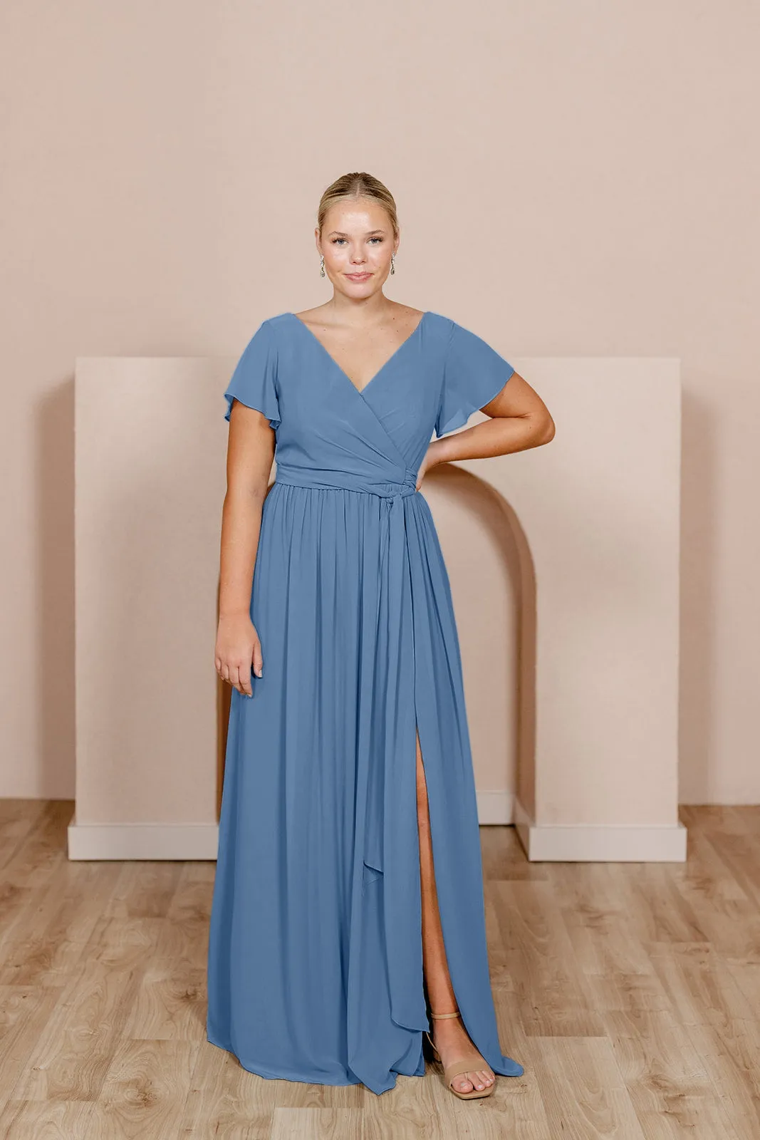 Harper Chiffon Faux Wrap Dress | Ready To Ship | Dusty Blue