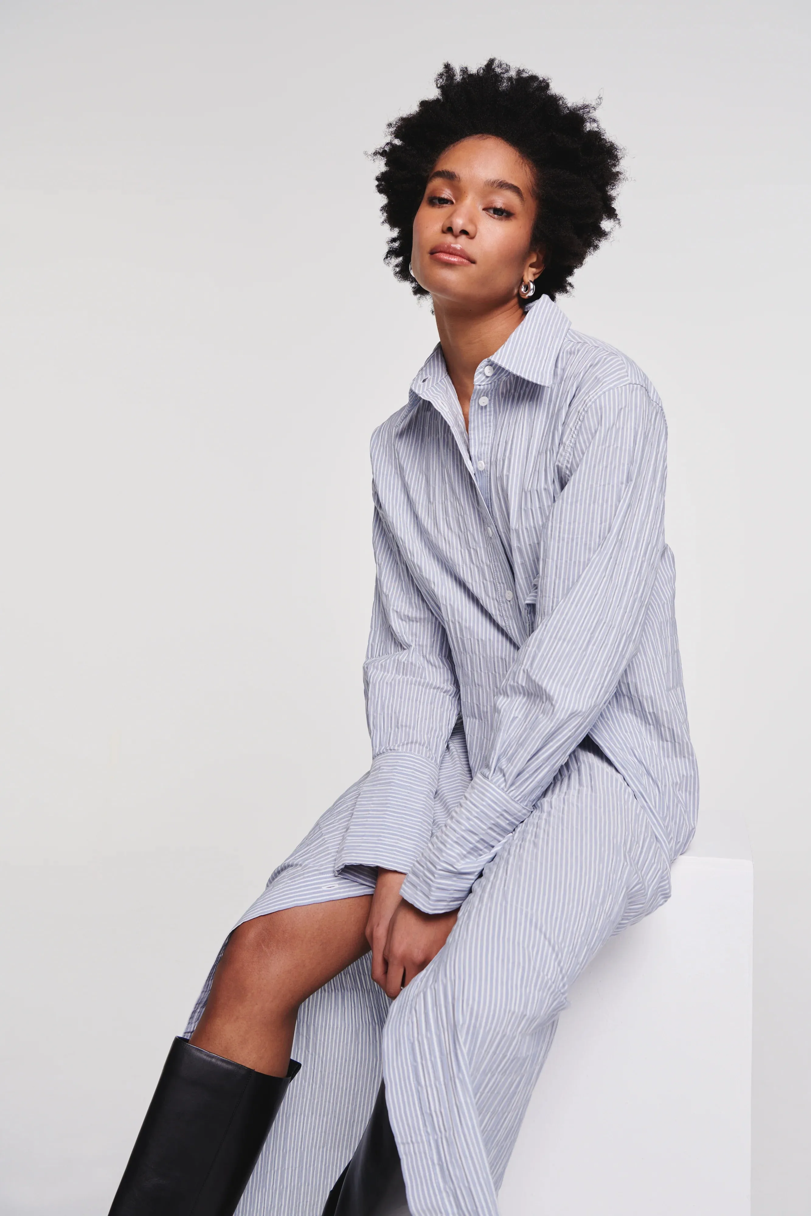 Heloise Wrap Front Shirt Dress In Blue Stripe