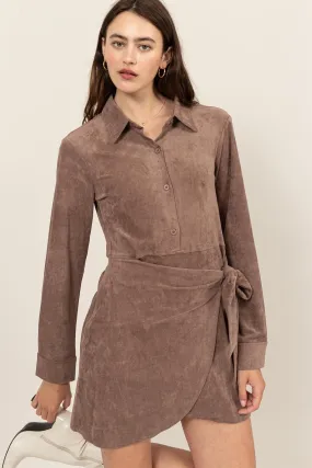 HF24F872-SUEDE WRAP TIE FRONT DRESS