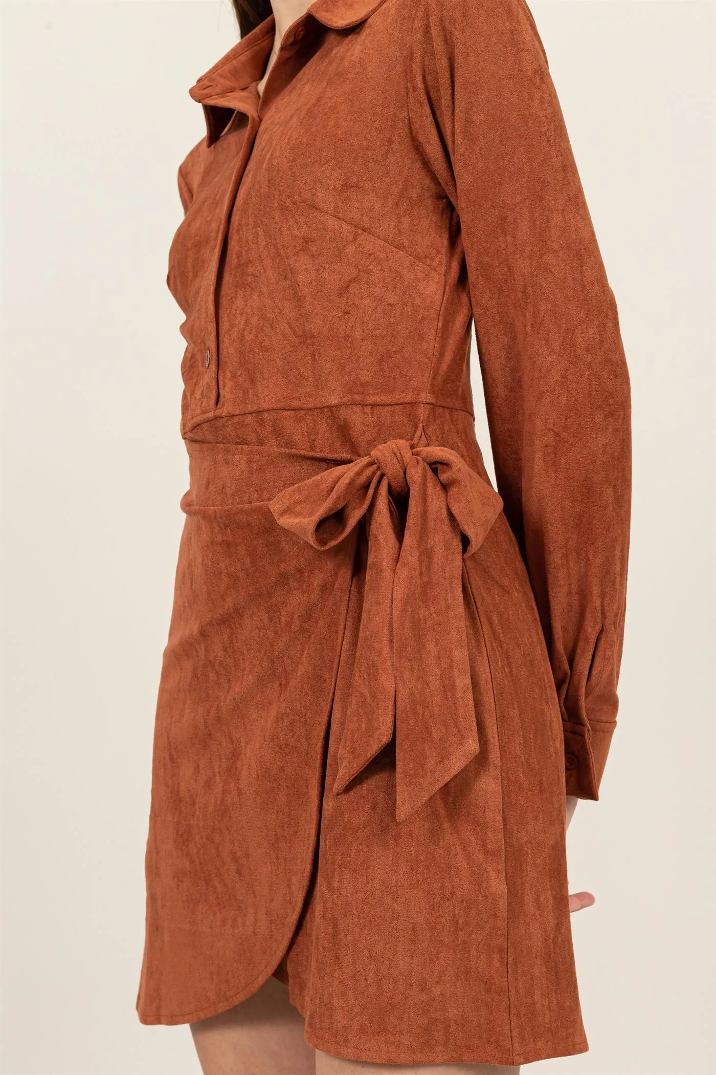 HF24F872-SUEDE WRAP TIE FRONT DRESS