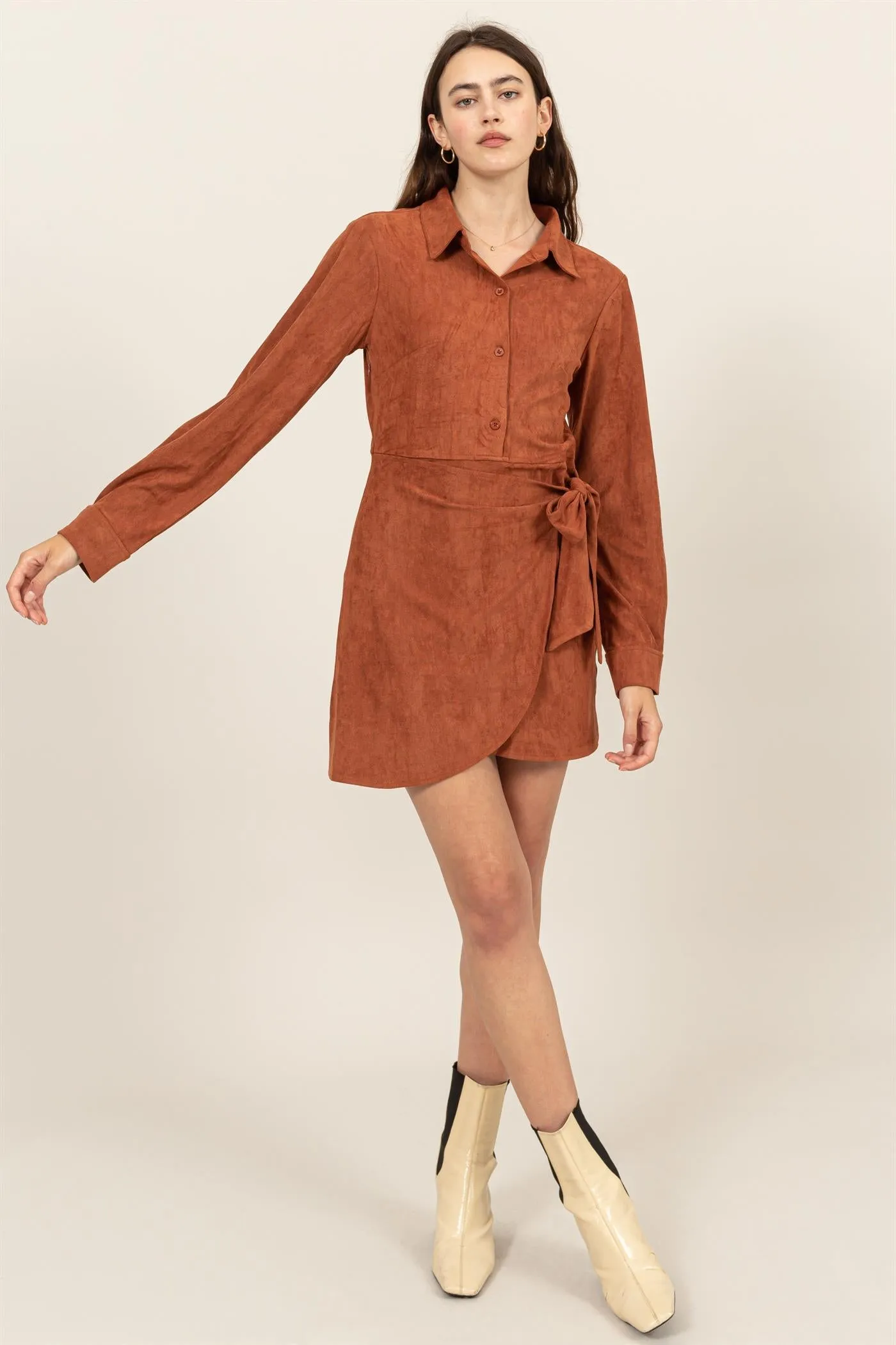 HF24F872-SUEDE WRAP TIE FRONT DRESS