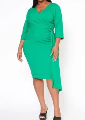 HI Curvy Plus Size Women V Neck Overlay Drape Midi Dress