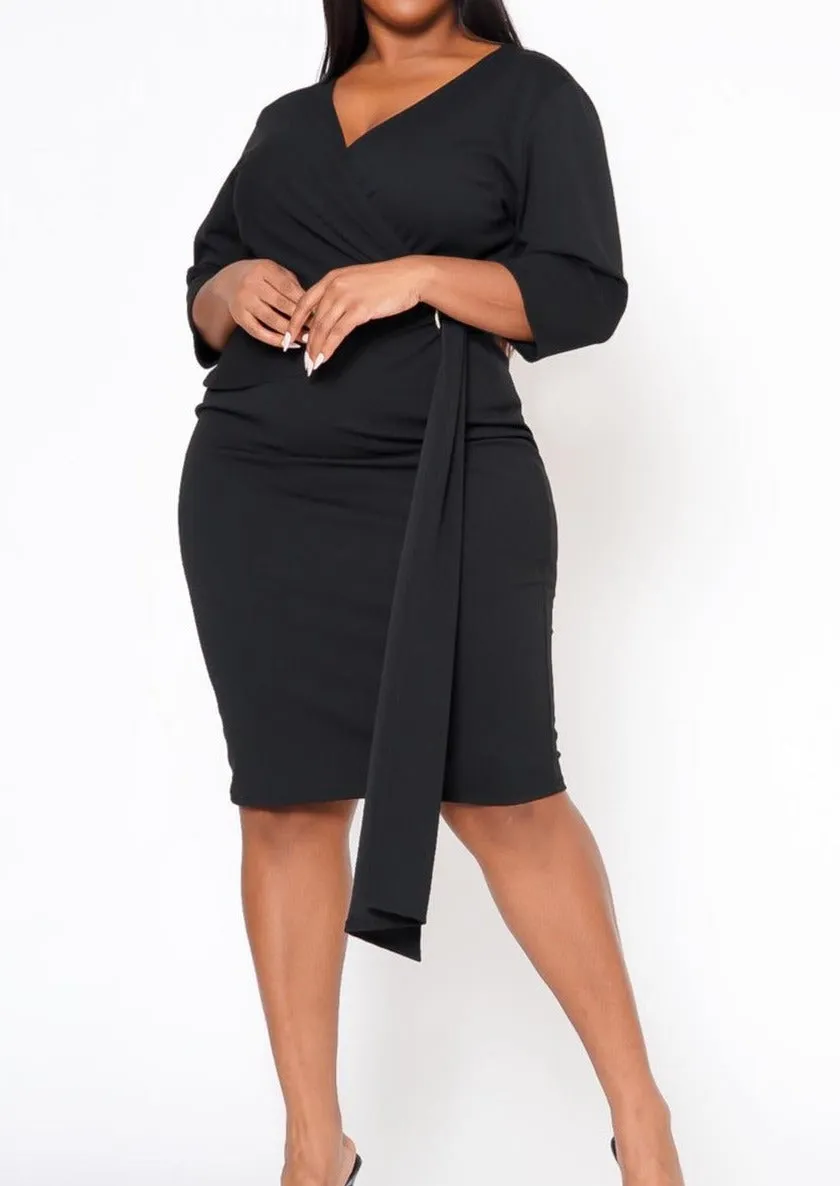 HI Curvy Plus Size Women V Neck Overlay Drape Midi Dress