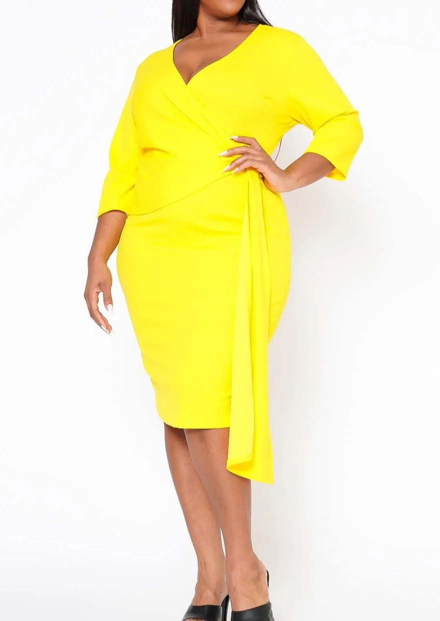 HI Curvy Plus Size Women V Neck Overlay Drape Midi Dress