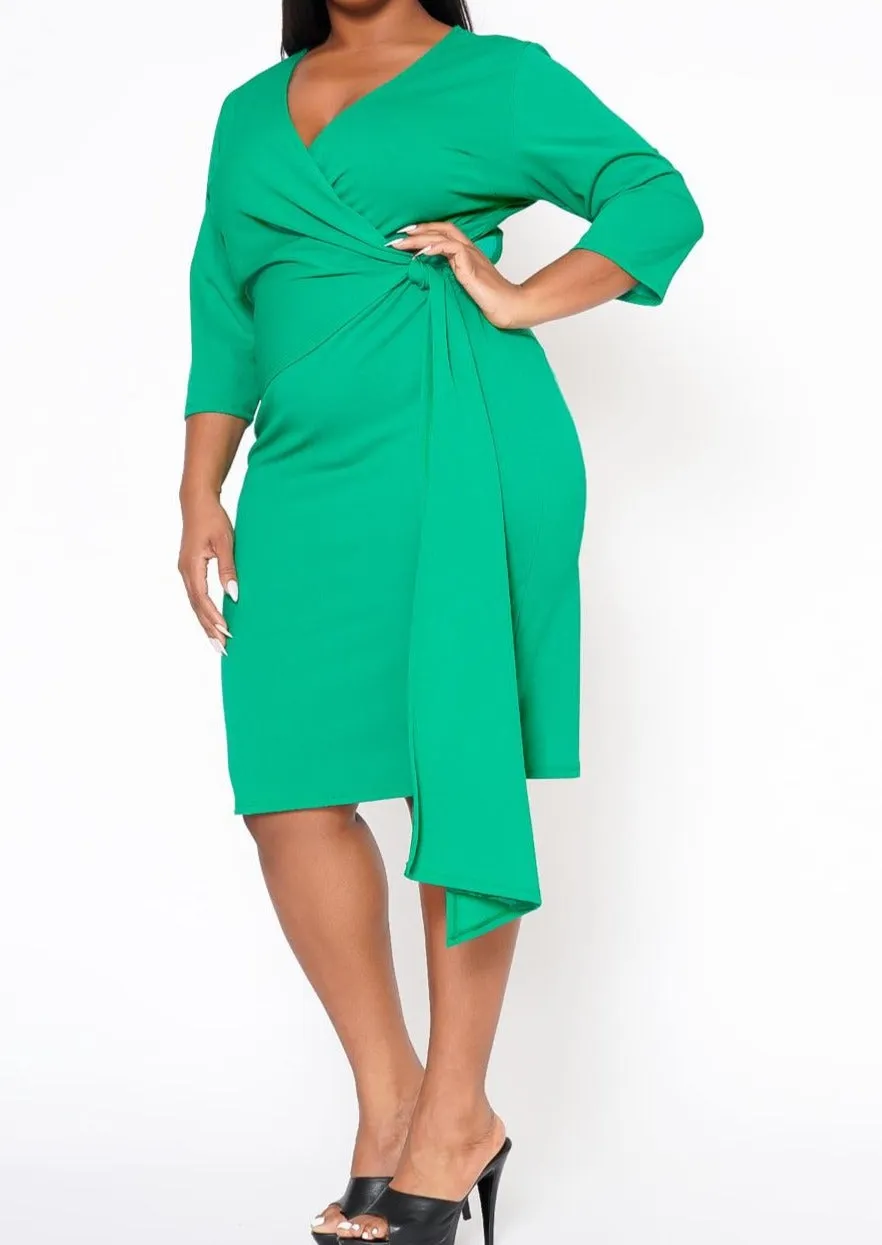 HI Curvy Plus Size Women V Neck Overlay Drape Midi Dress