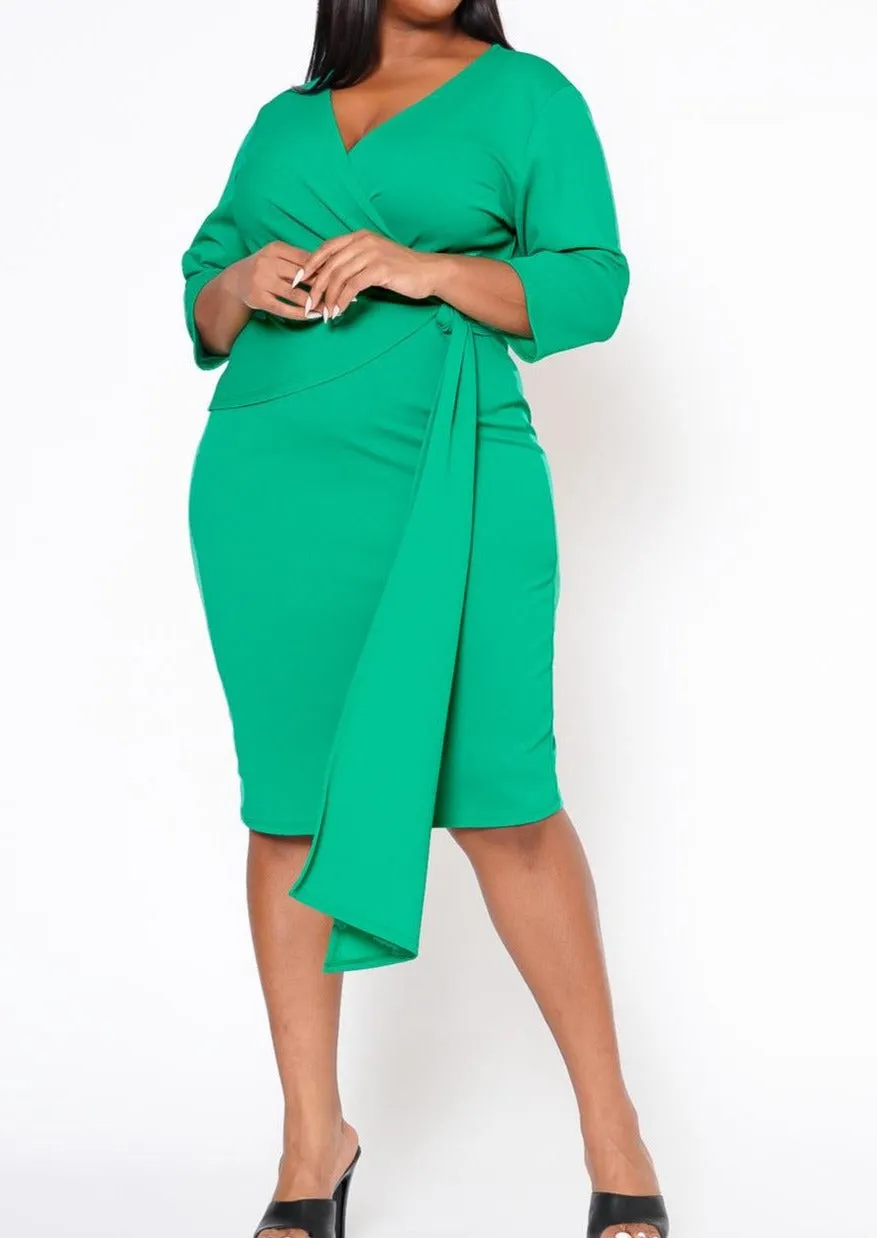 HI Curvy Plus Size Women V Neck Overlay Drape Midi Dress