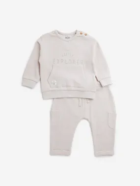 HOP Baby Beige Text Design Cotton Blend Sweatshirt with Pants Set