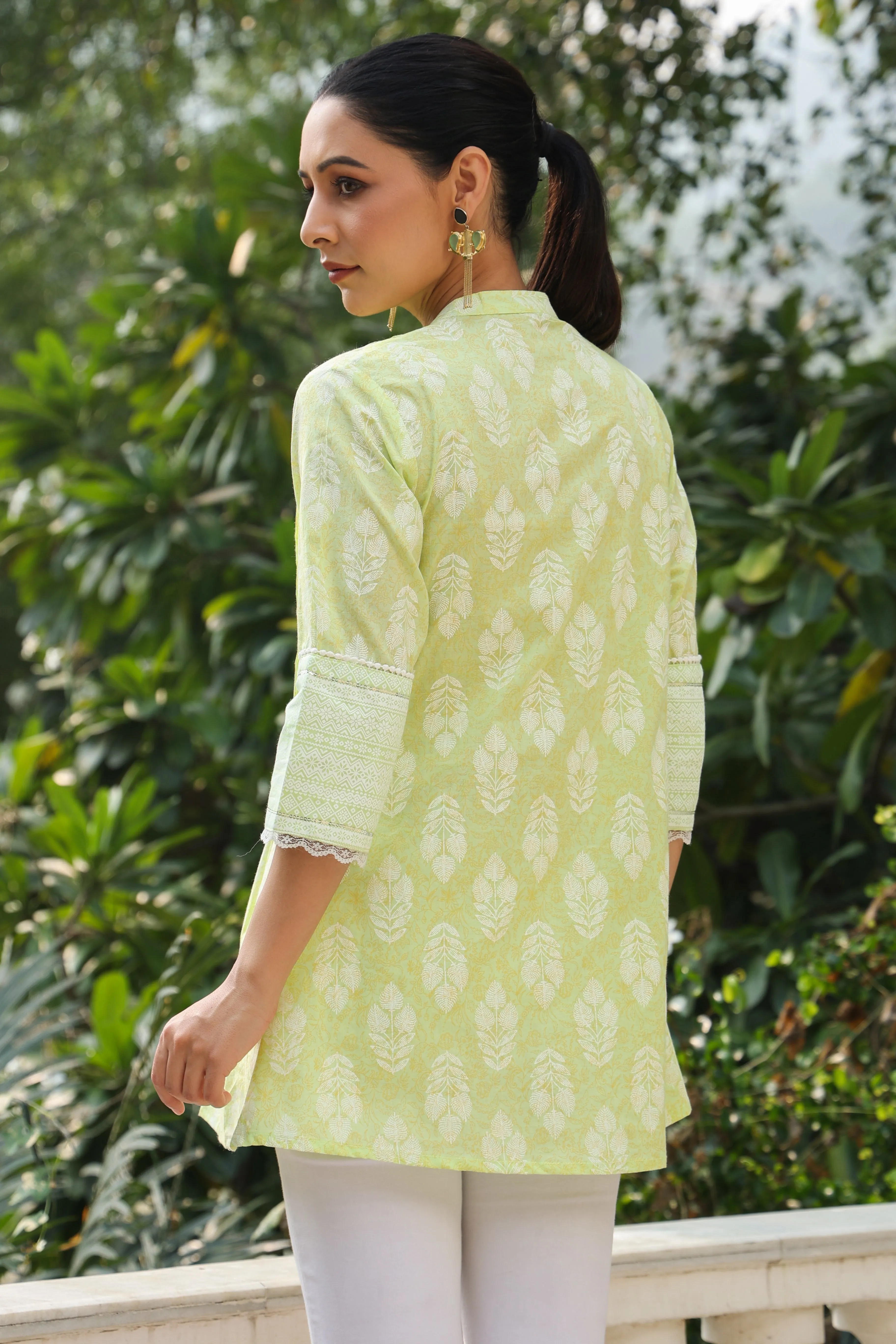 Juniper Lime Green Ethnic Motif Printed Pure Cotton A-Line Tunic With Lace Work