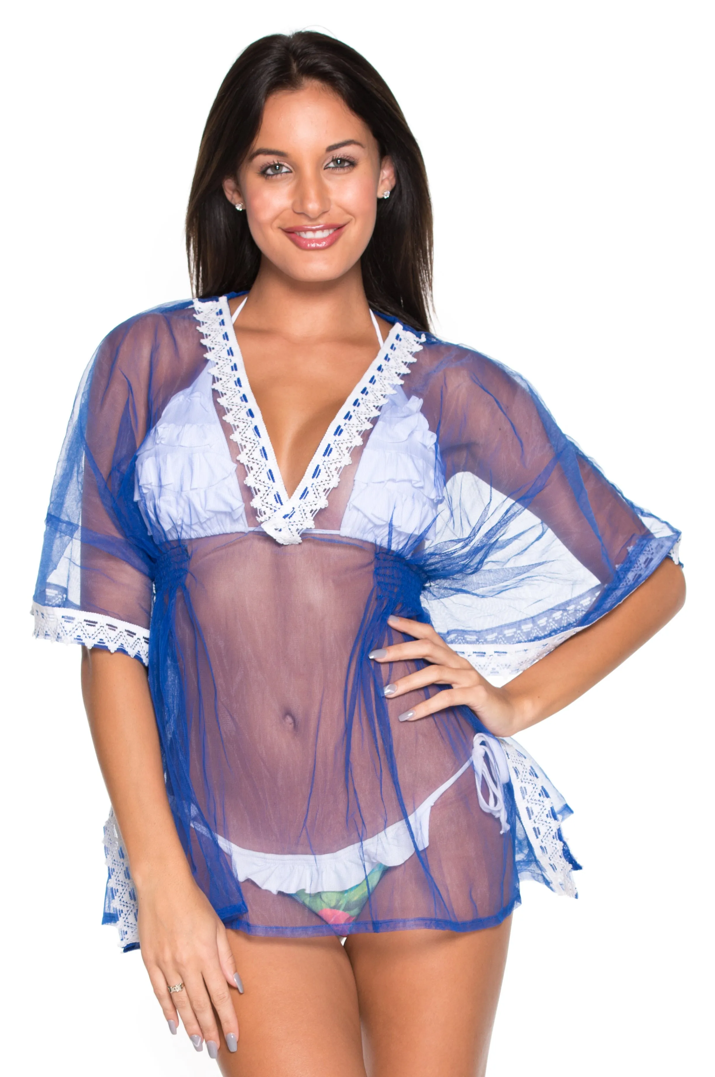 La Leela Net Border Plain Transparent Deep V Neck Beach Cover up Bright Blue