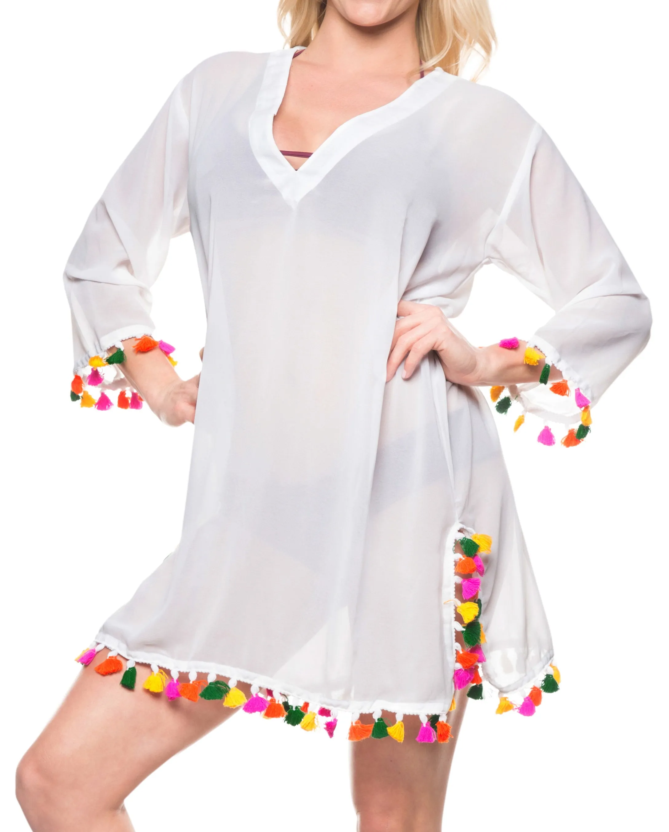 La Leela Solid Long sleeves Beach wear Pom Pom  Bikini Swimwear Cover up TOP M W