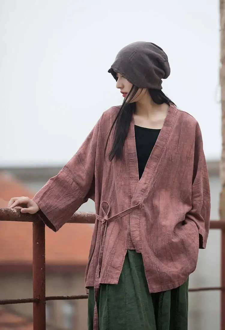 Ladies' Linen Breast-Tie Summer Coat With Asymmetrical Cut