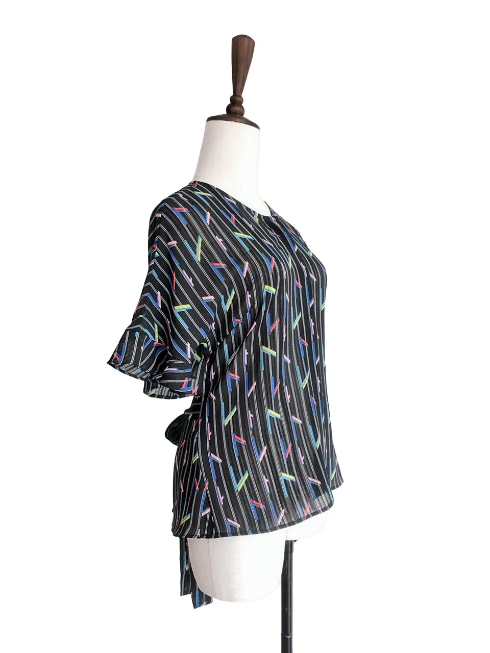 Last Chance! Black Striped Colourful Geo Asymmetrical Ruffle Open Back Blouse