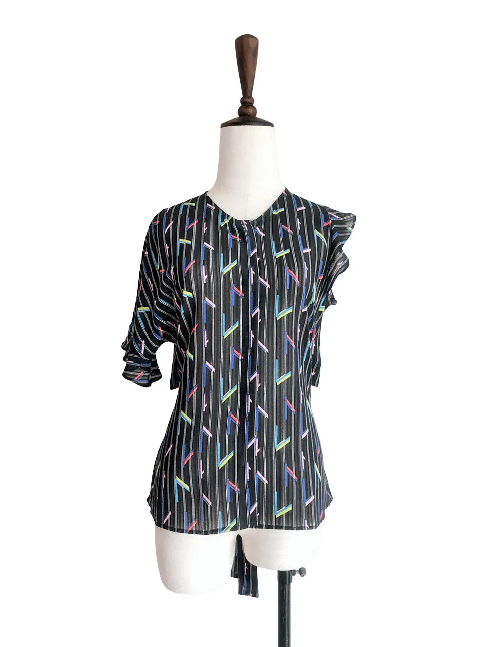 Last Chance! Black Striped Colourful Geo Asymmetrical Ruffle Open Back Blouse