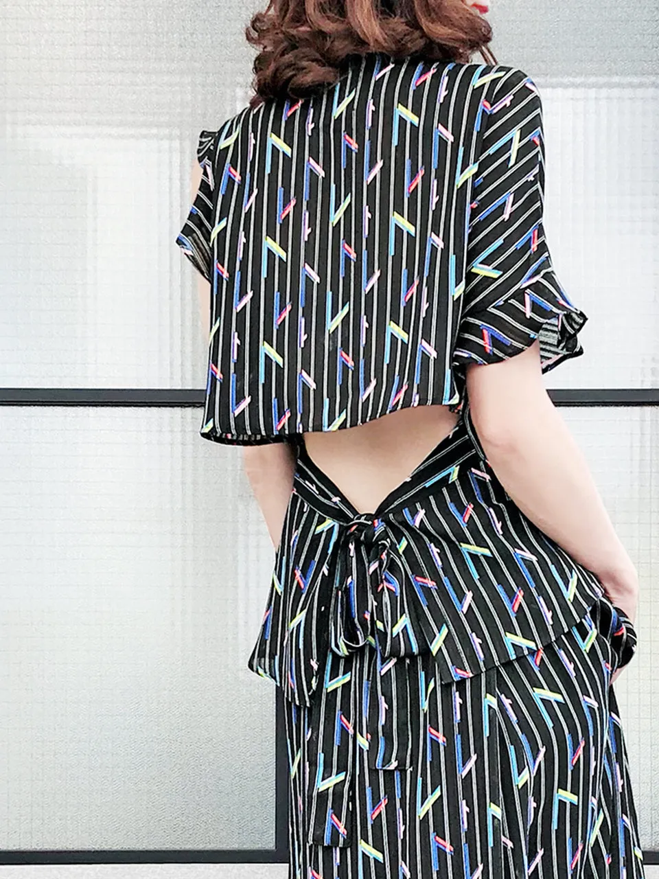 Last Chance! Black Striped Colourful Geo Asymmetrical Ruffle Open Back Blouse