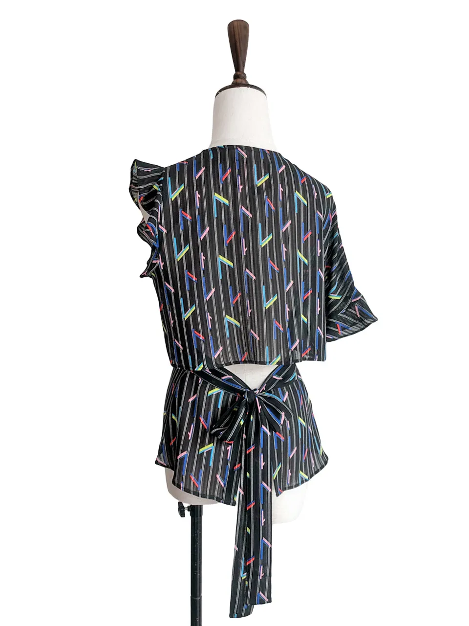 Last Chance! Black Striped Colourful Geo Asymmetrical Ruffle Open Back Blouse