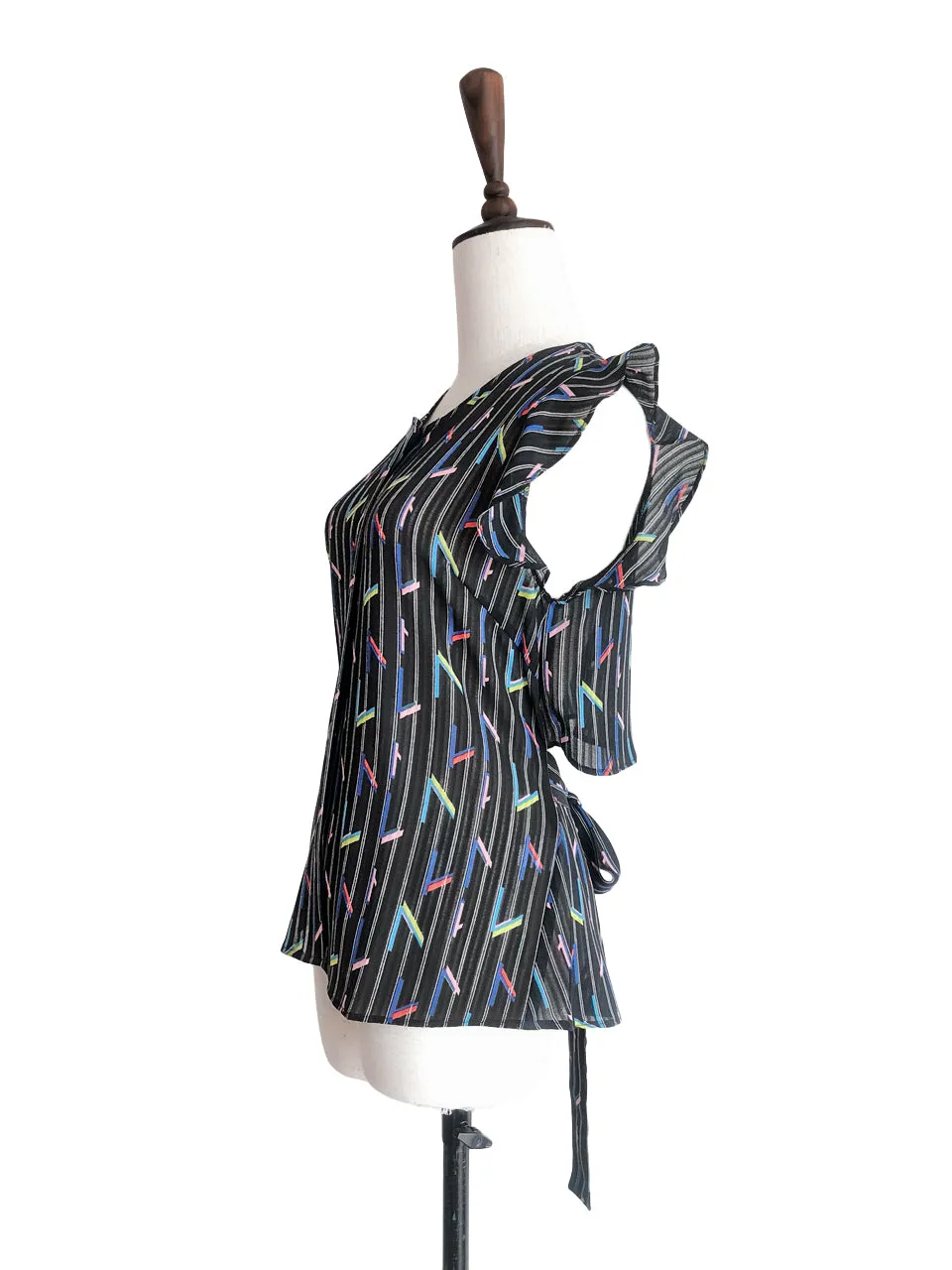 Last Chance! Black Striped Colourful Geo Asymmetrical Ruffle Open Back Blouse