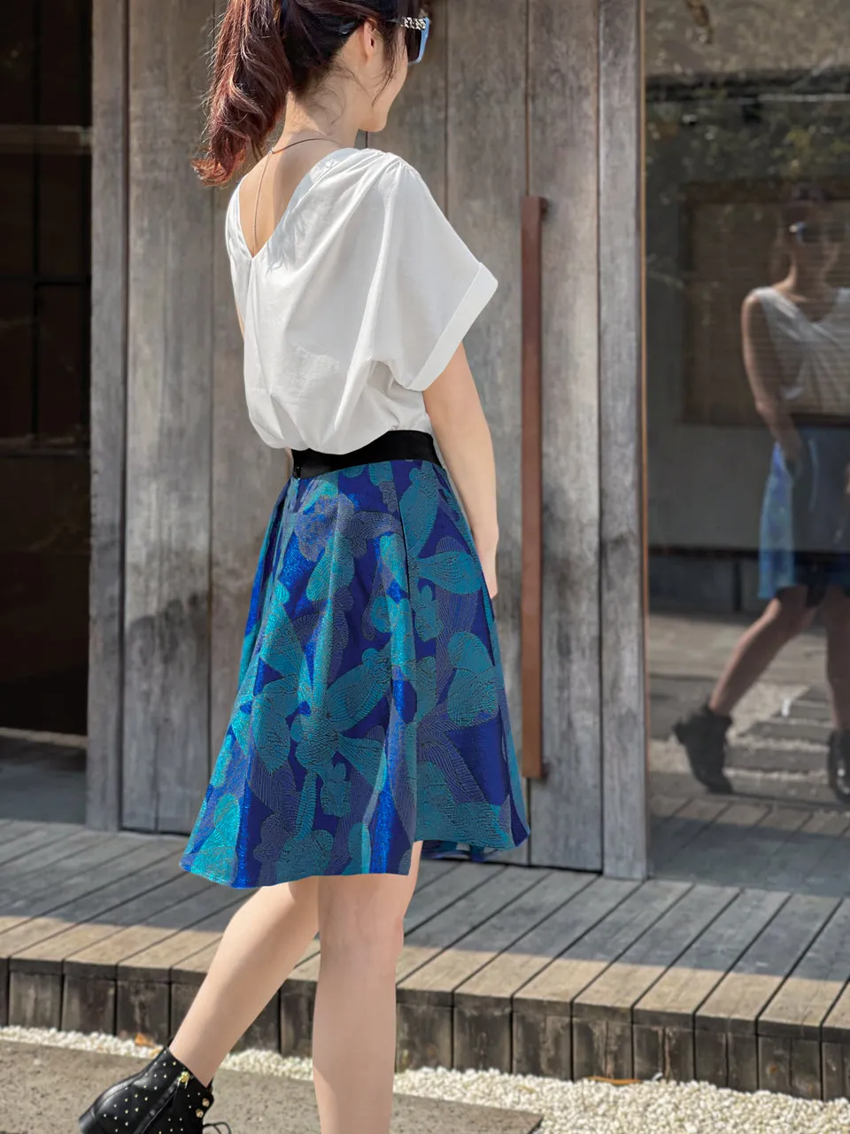 Last Chance! Blue Print V-waist Super Flare Jacquard Skirt