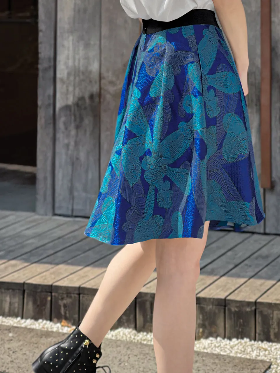 Last Chance! Blue Print V-waist Super Flare Jacquard Skirt