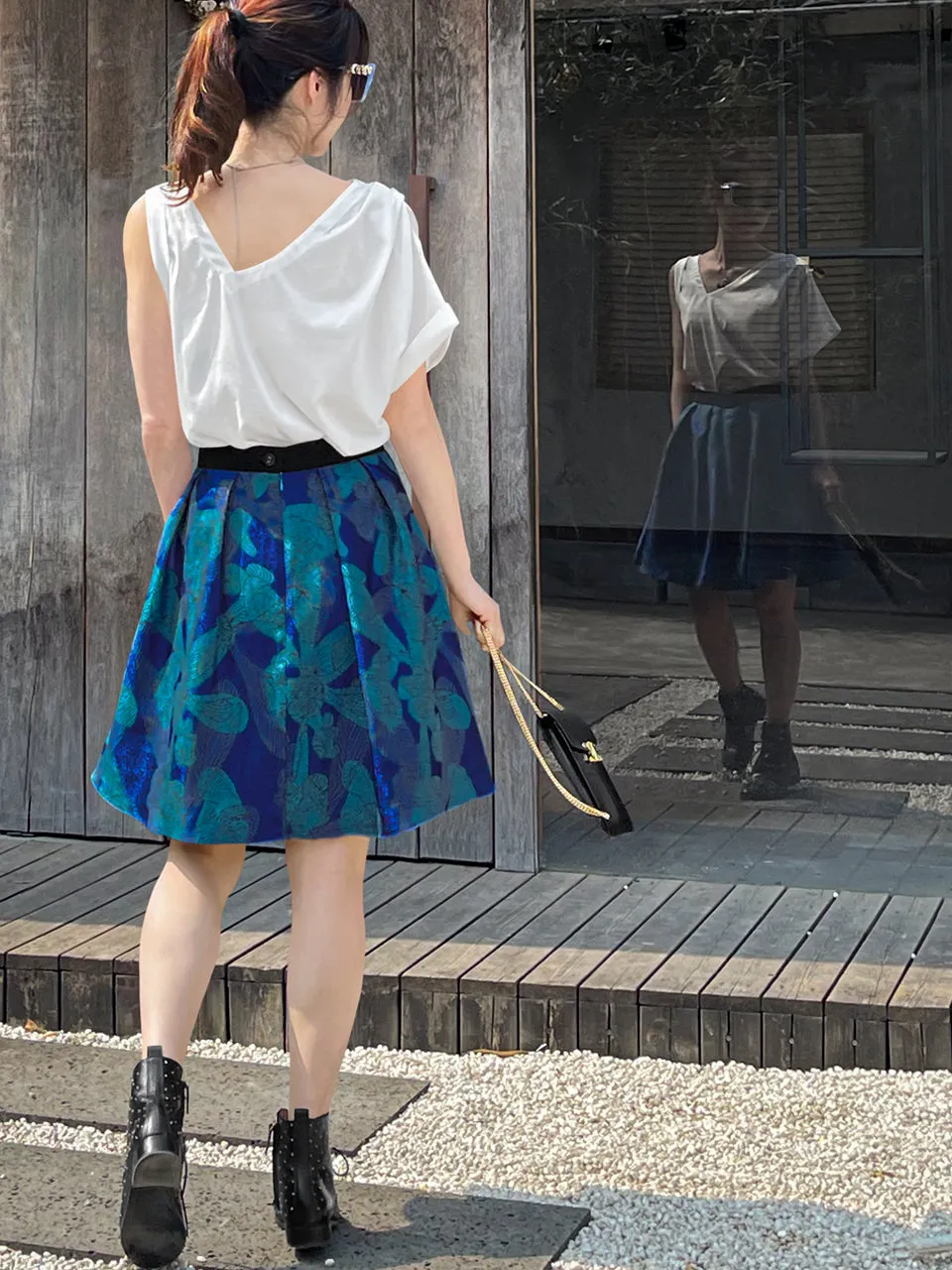 Last Chance! Blue Print V-waist Super Flare Jacquard Skirt