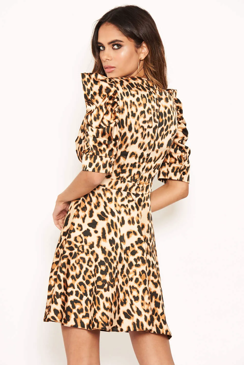 Leopard Print Wrap Over Puff Sleeve Dress