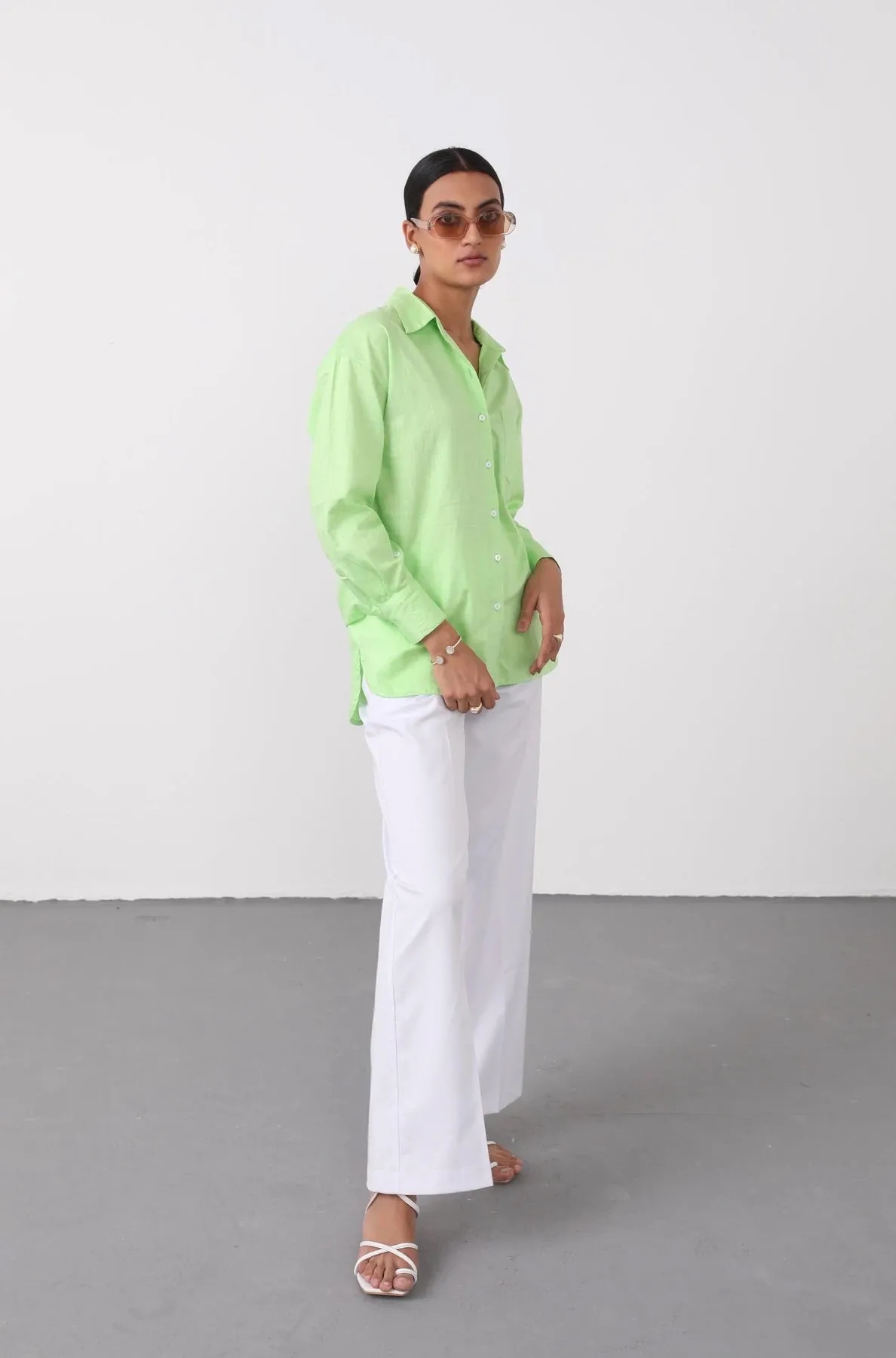 Lime Green Oversized Cotton Shirt for women