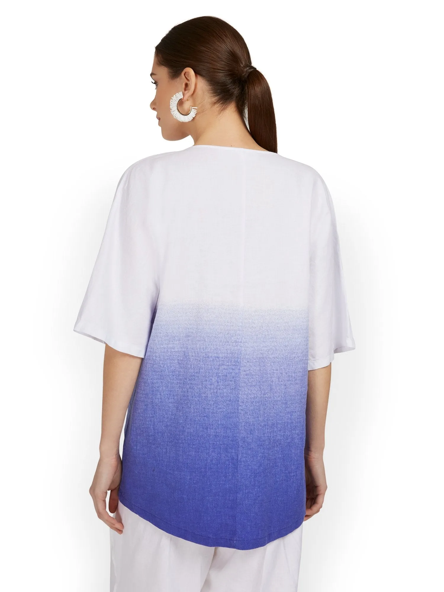 Linen-Blend Blue Wash Overlap Tunic Top