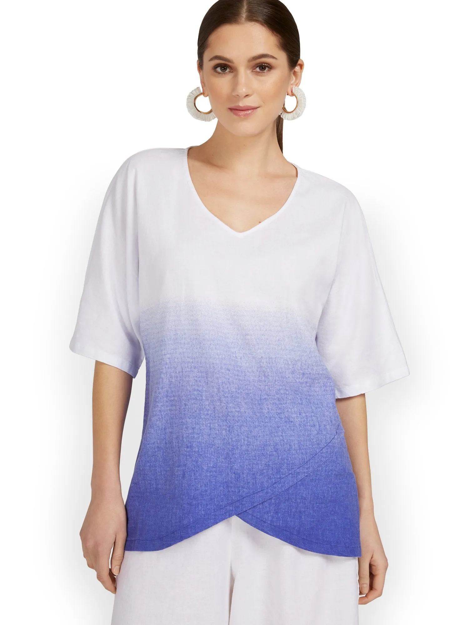 Linen-Blend Blue Wash Overlap Tunic Top