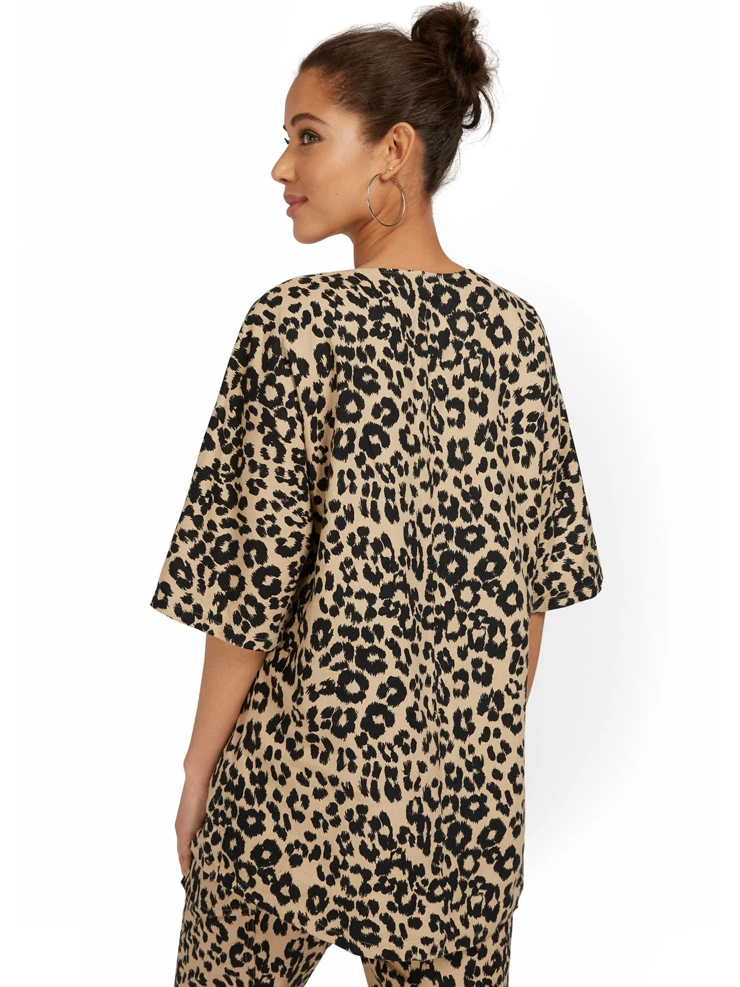 Linen-Blend Leopard-Print Overlap Tunic Top