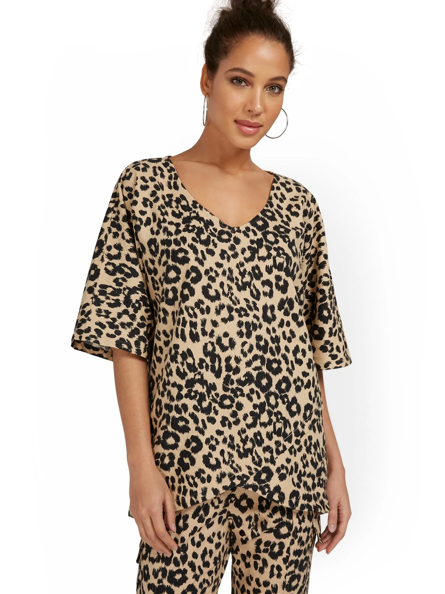 Linen-Blend Leopard-Print Overlap Tunic Top