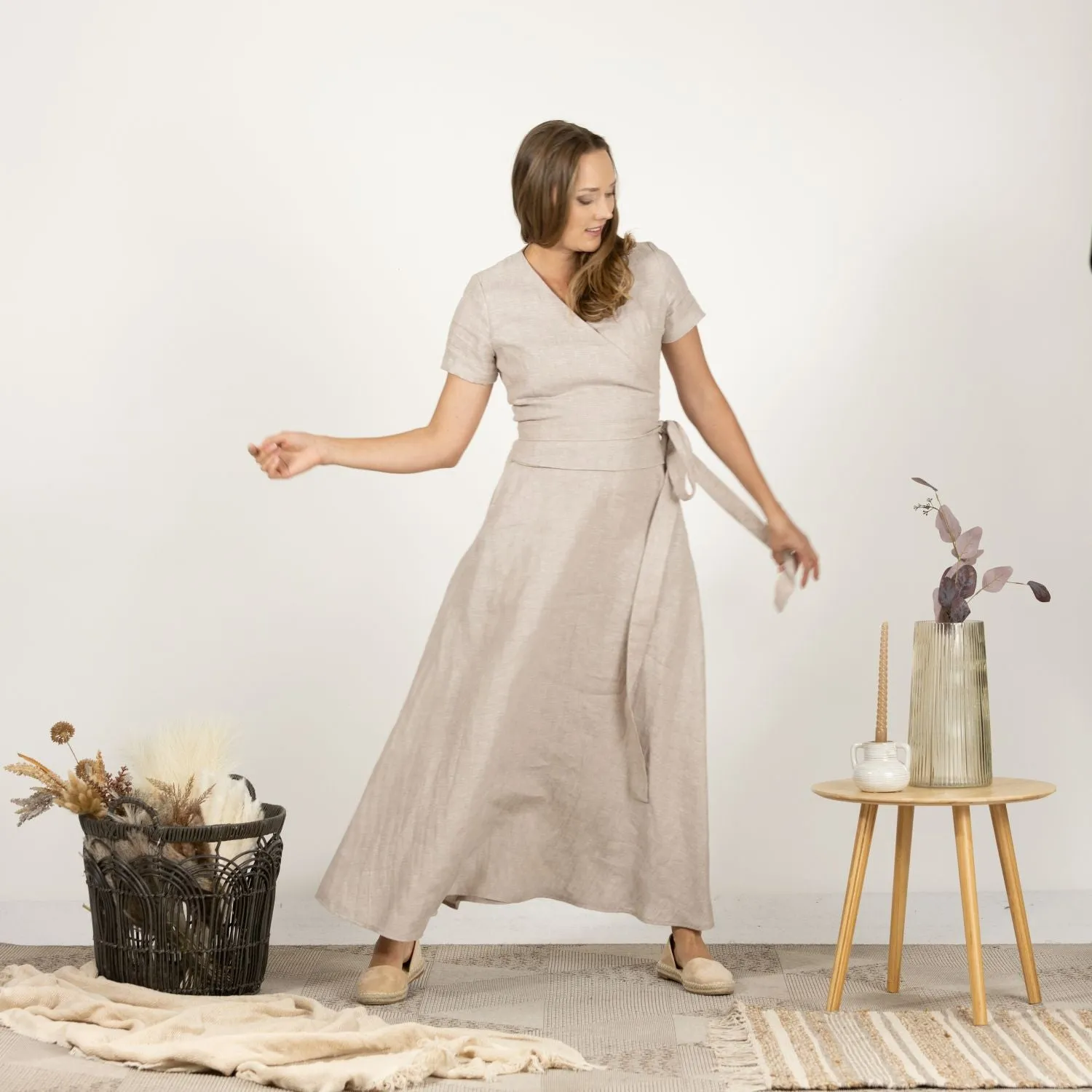 Linen Wrap Around Dress with Waist Tie