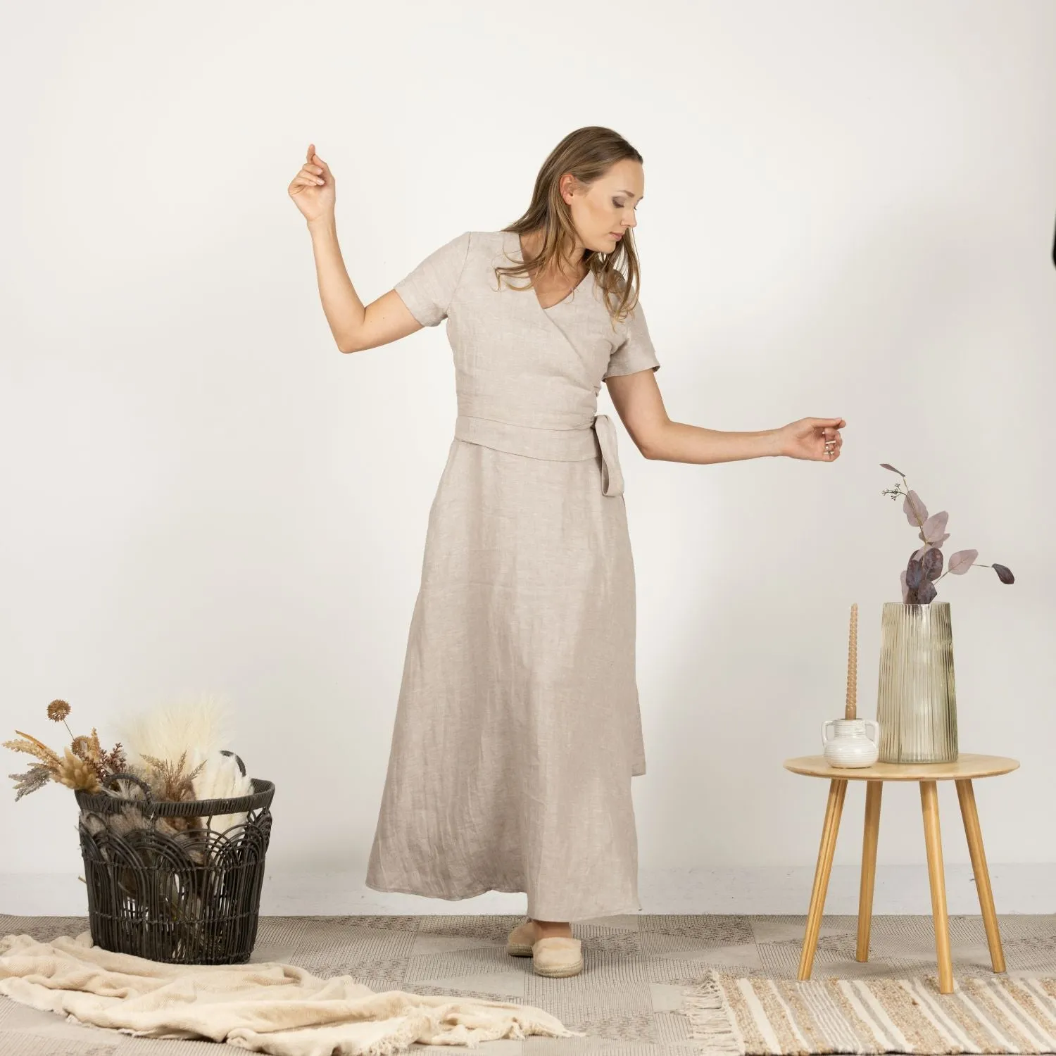 Linen Wrap Around Dress with Waist Tie