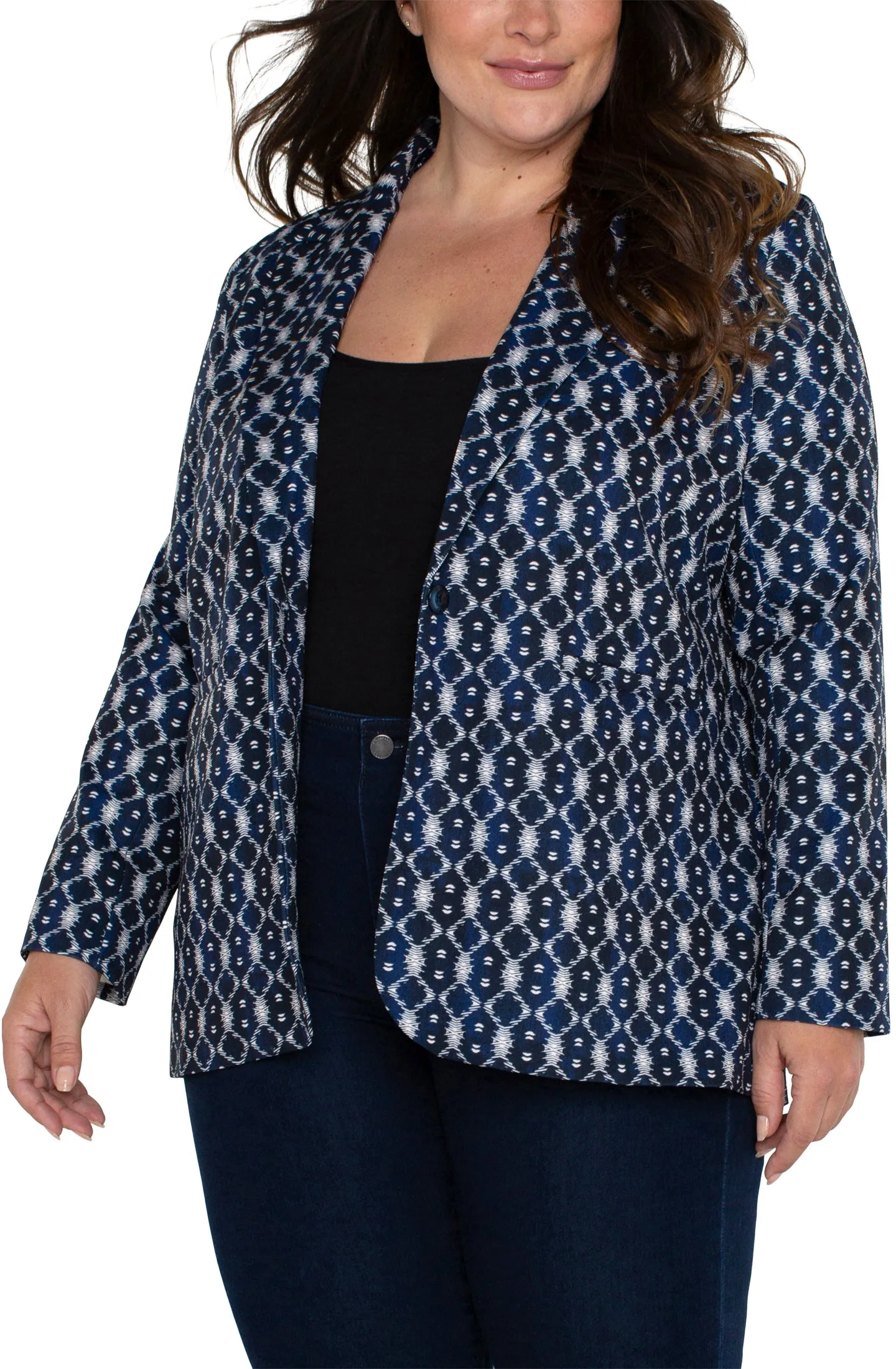 Liverpool Button Front Boyfriend Blazer Plus Size (Navy Batik Print)