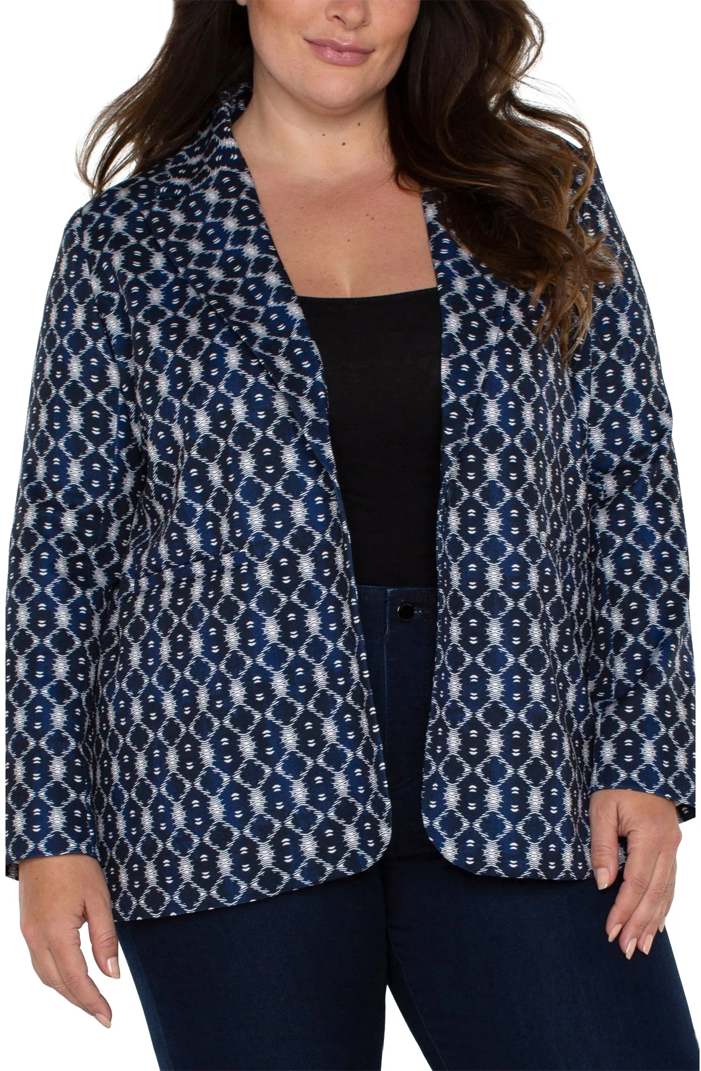 Liverpool Button Front Boyfriend Blazer Plus Size (Navy Batik Print)