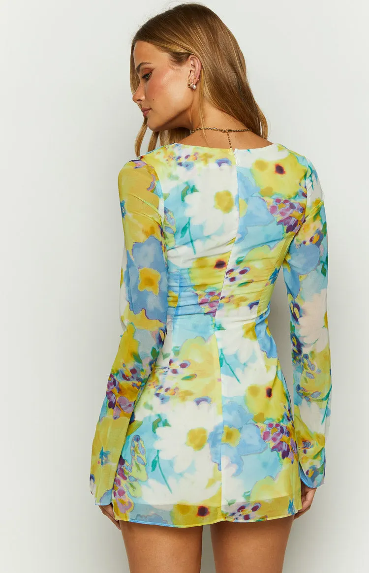 Lucy Blue Floral Long Sleeve Mini Dress