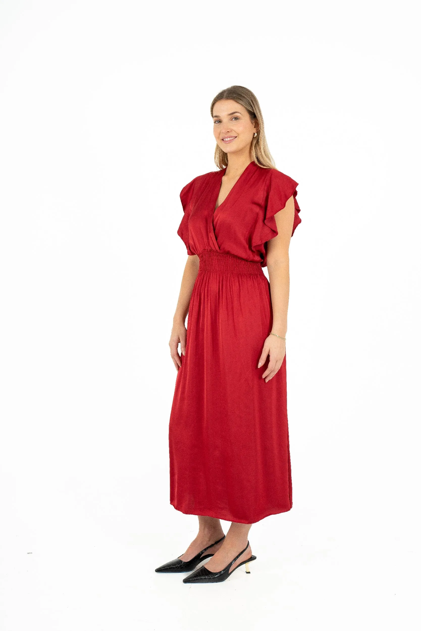 M Made in Italy – Fixed-Wrapped Front V-Neck Dress With Cap-Sleeves