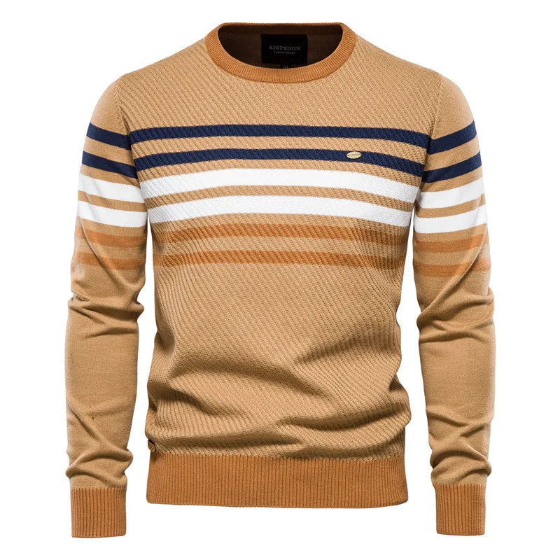 Men's Sweater Crewneck Warm Cotton Classic Pullover Striped -Y183