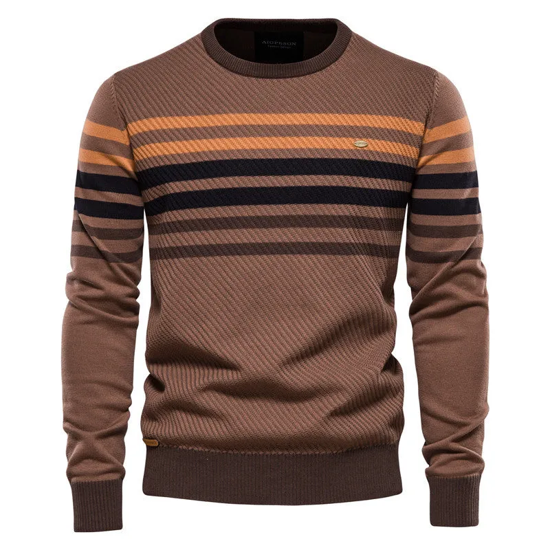 Men's Sweater Crewneck Warm Cotton Classic Pullover Striped -Y183