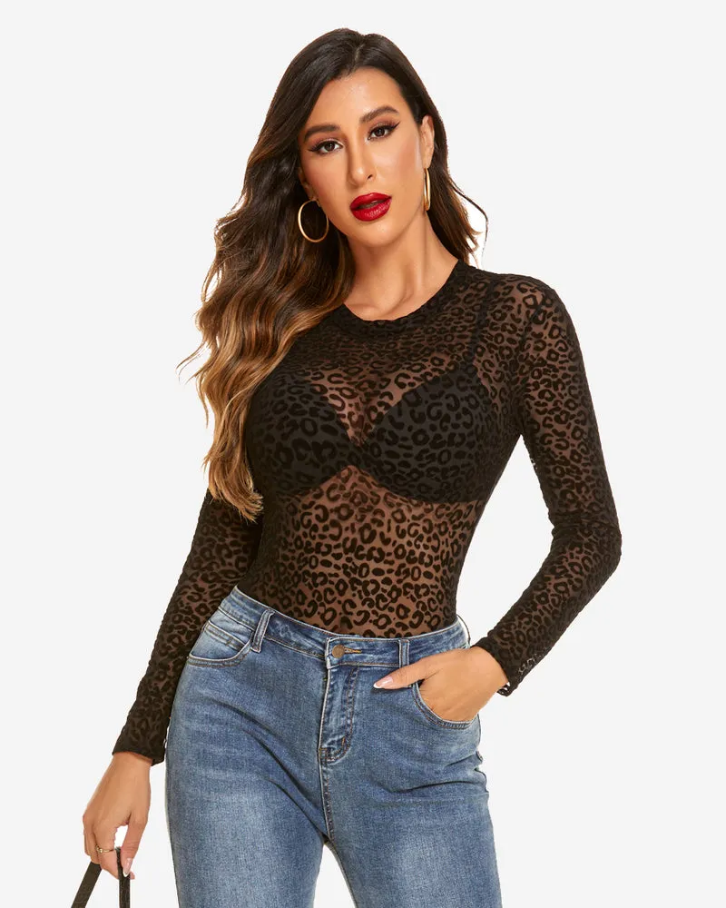 Mesh Sheer Leopard Long Sleeve Bodysuit