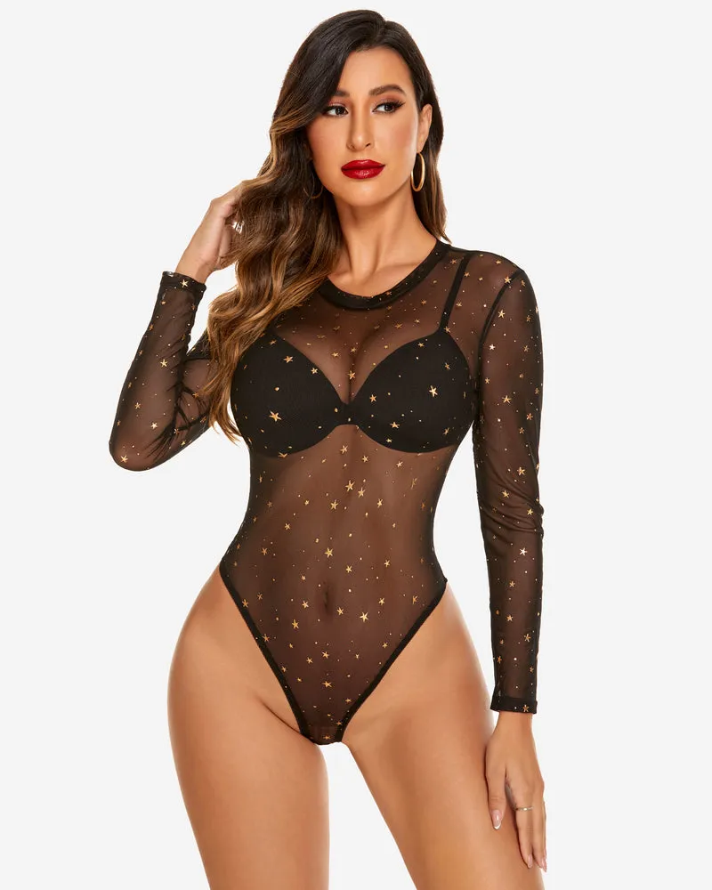 Mesh Sheer Leopard Long Sleeve Bodysuit