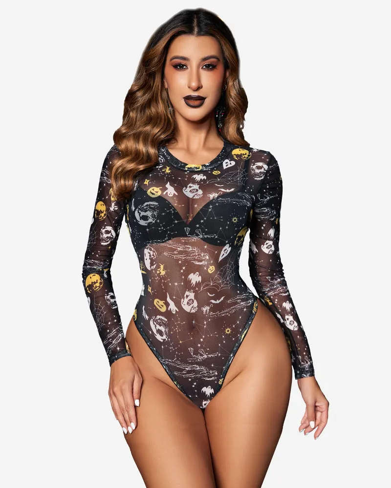 Mesh Sheer Leopard Long Sleeve Bodysuit