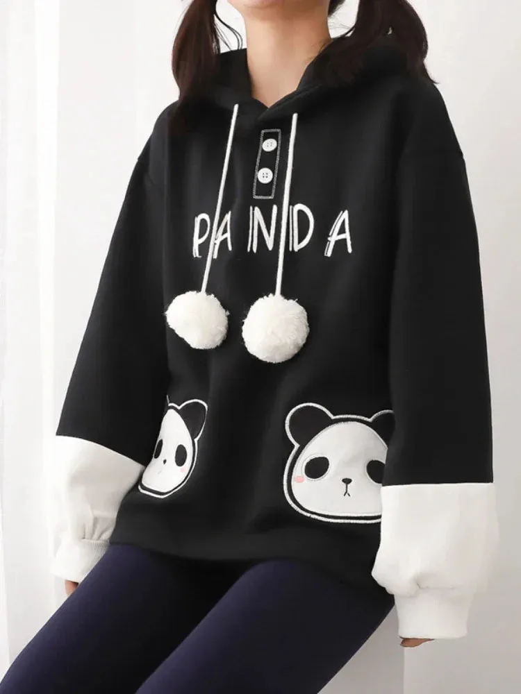 Metaversmall Kawaii Panda Embroidery Women Hoodies Chic Drawstring Harajuku Hooded Sweatshirts Winter Long Sleeve Female Sweet Tops