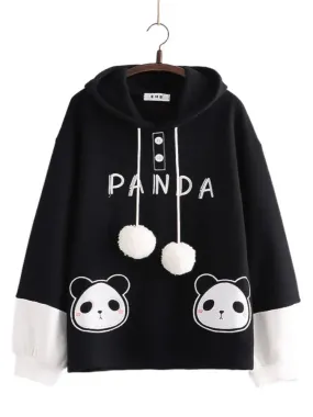 Metaversmall Kawaii Panda Embroidery Women Hoodies Chic Drawstring Harajuku Hooded Sweatshirts Winter Long Sleeve Female Sweet Tops