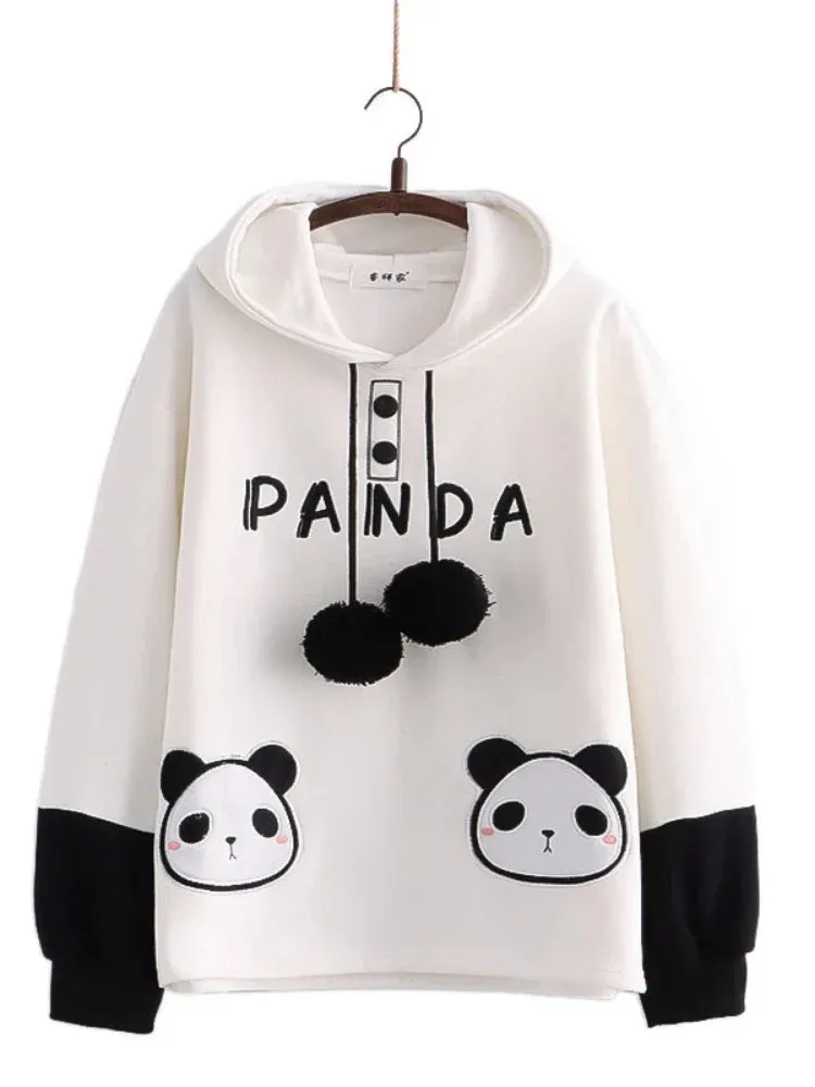 Metaversmall Kawaii Panda Embroidery Women Hoodies Chic Drawstring Harajuku Hooded Sweatshirts Winter Long Sleeve Female Sweet Tops