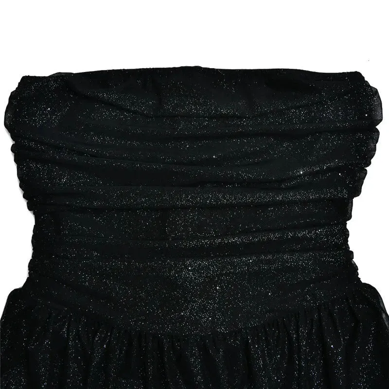 Mozision Elegant Strapless Sexy Mini Dress Women Fashion Black Off-shoulder Backless Pleated Sequins Sparkle Club Party Dress