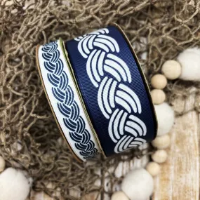 Nautical rope ribbon in navy and white printed on 5/8" and 1.5" grosgrain