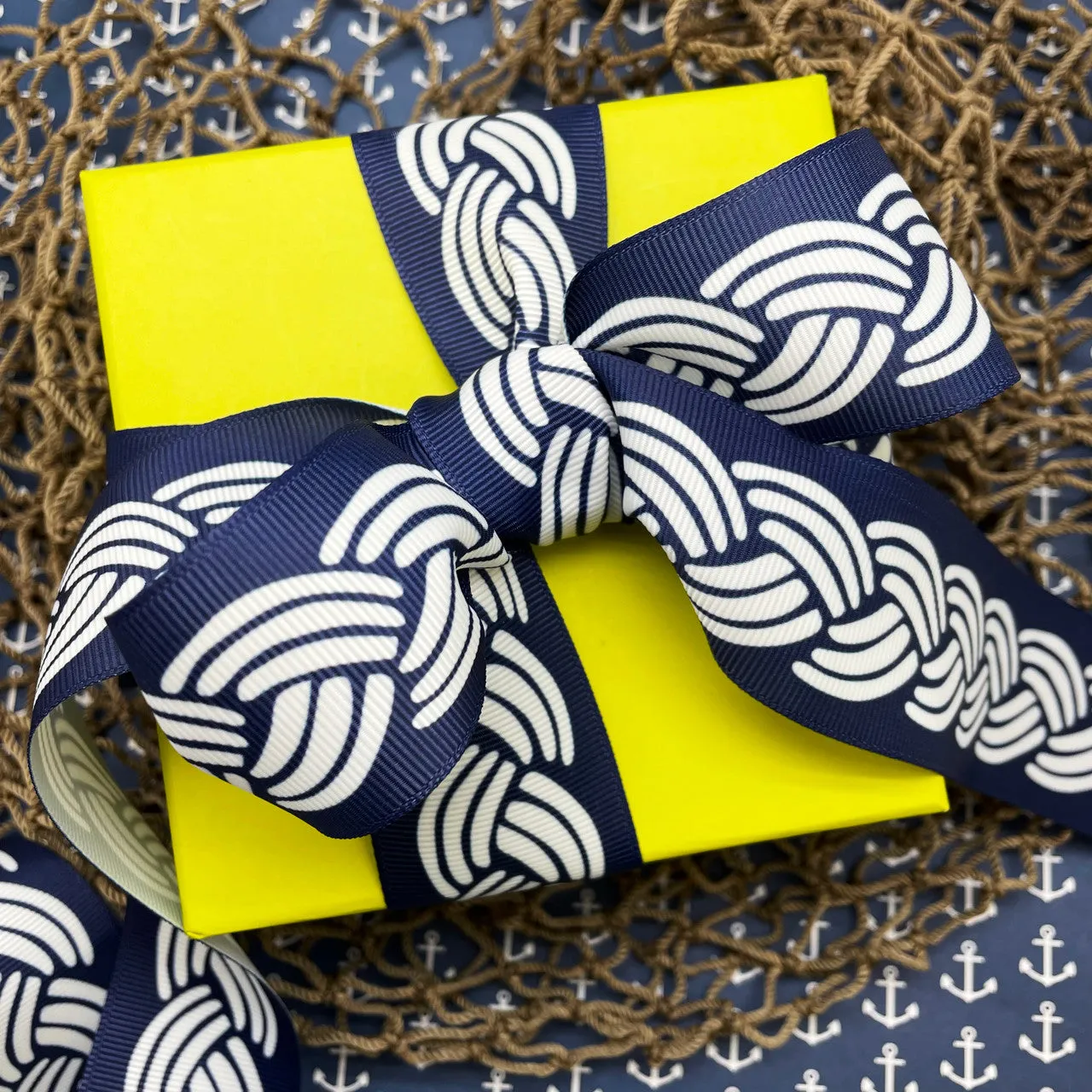 Nautical rope ribbon in navy and white printed on 5/8" and 1.5" grosgrain