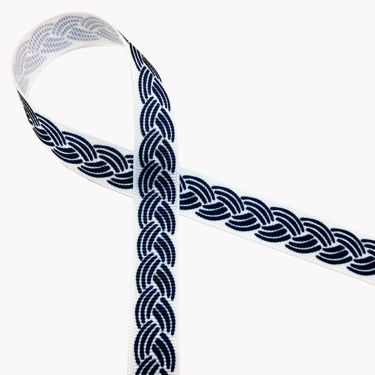 Nautical rope ribbon in navy and white printed on 5/8" and 1.5" grosgrain